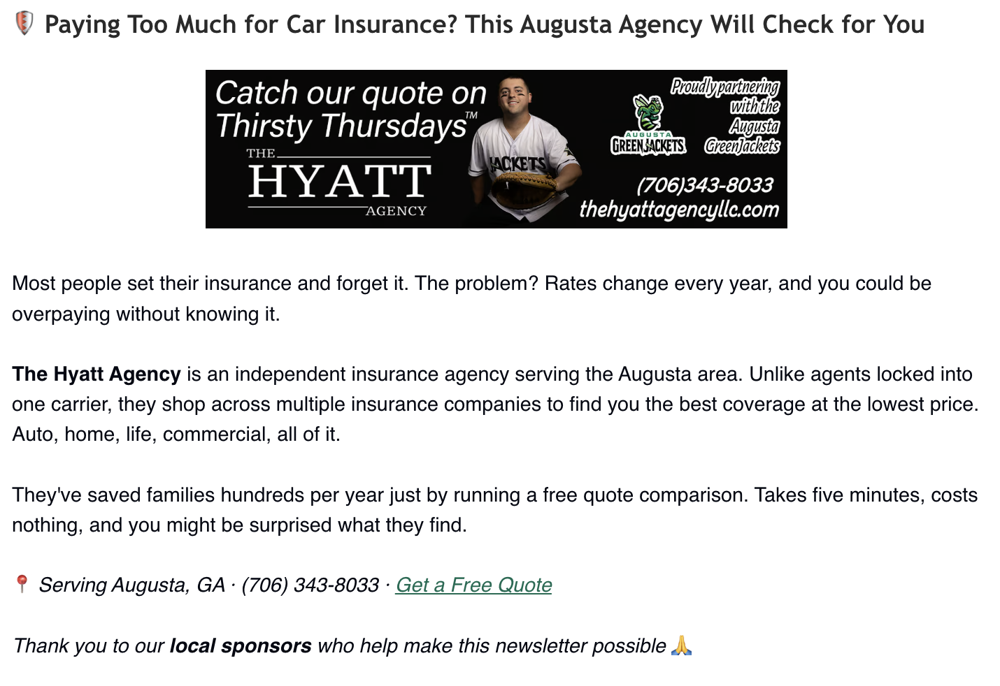 Example Augusta Digest newsletter ad placement
